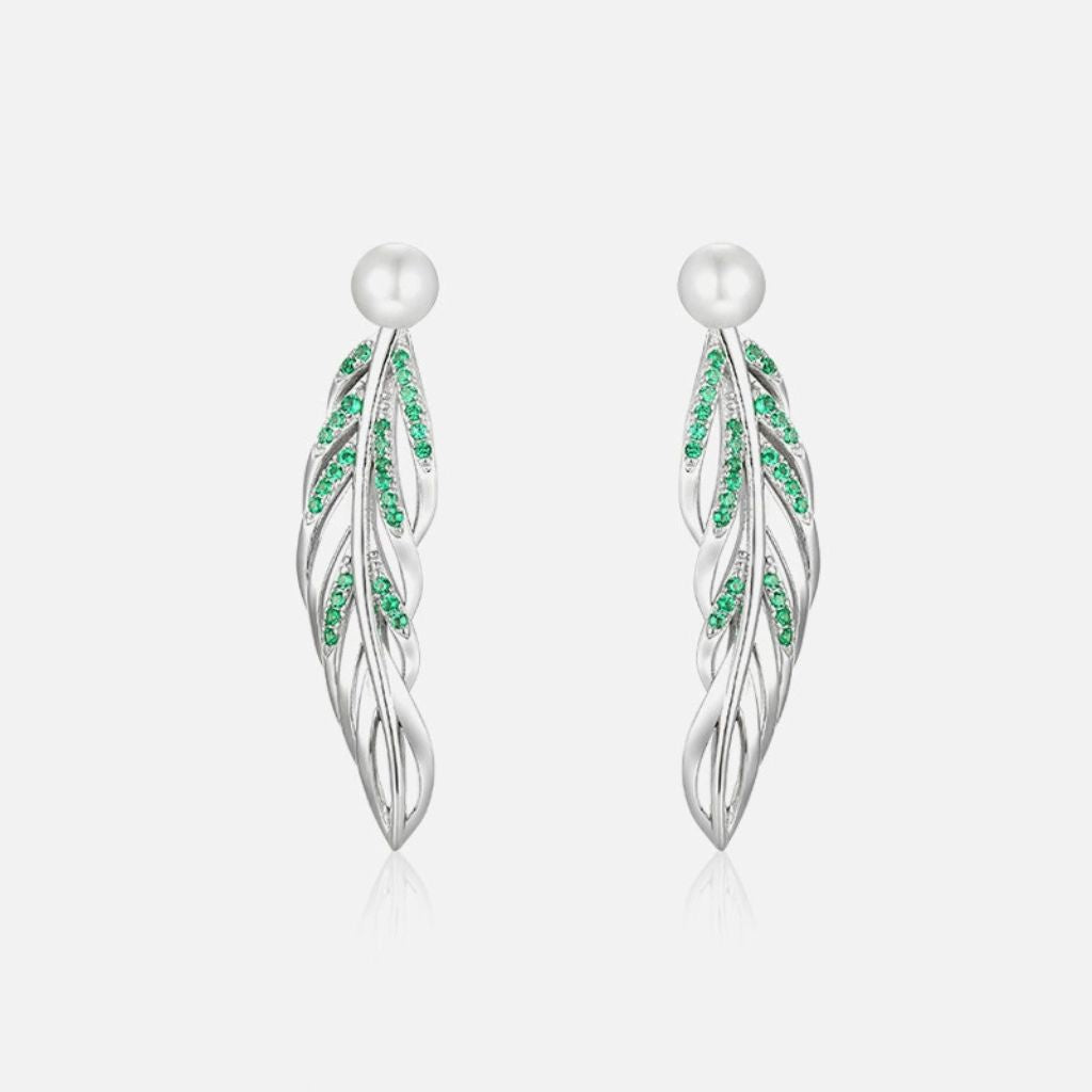 925 Sterling Silver Freshwater Pearl Long Leaf Earrings - Elegant New Jewelry