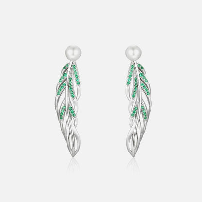 925 Sterling Silver Freshwater Pearl Long Leaf Earrings - Elegant New Jewelry