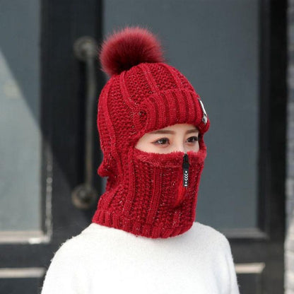 Women Windproof Winter Outdoor Knit Thick Siamese Hat Scarf Set