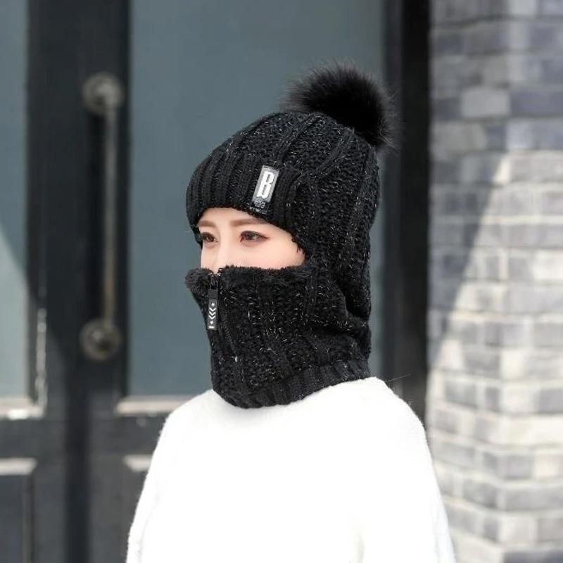 Women Windproof Winter Outdoor Knit Thick Siamese Hat Scarf Set