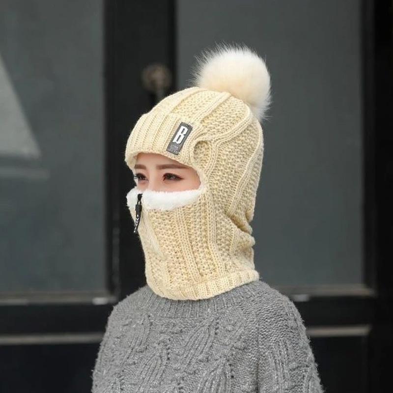 Women Windproof Winter Outdoor Knit Thick Siamese Hat Scarf Set