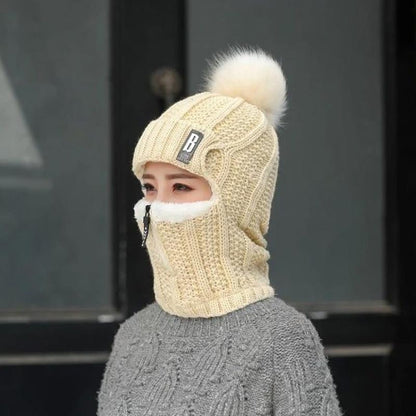 Women Windproof Winter Outdoor Knit Thick Siamese Hat Scarf Set