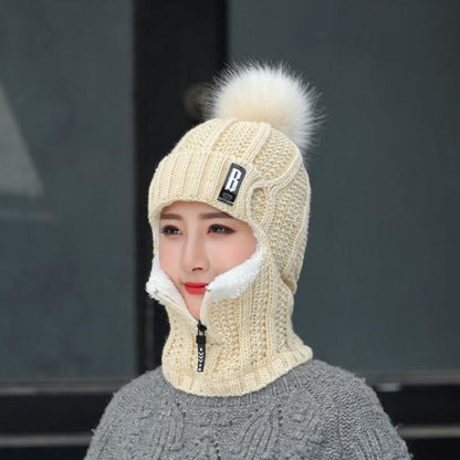 Women Windproof Winter Outdoor Knit Thick Siamese Hat Scarf Set