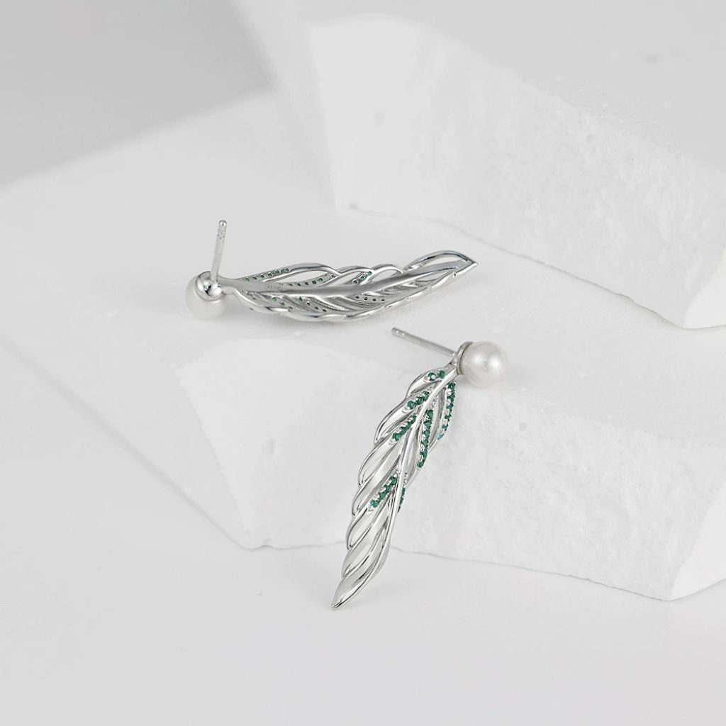 925 Sterling Silver Freshwater Pearl Long Leaf Earrings - Elegant New Jewelry