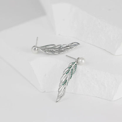 925 Sterling Silver Freshwater Pearl Long Leaf Earrings - Elegant New Jewelry