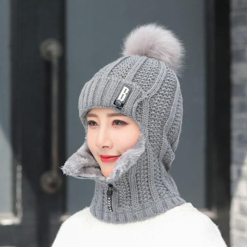 Women Windproof Winter Outdoor Knit Thick Siamese Hat Scarf Set