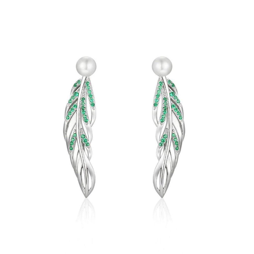 925 Sterling Silver Freshwater Pearl Long Leaf Earrings - Elegant New Jewelry