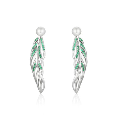 925 Sterling Silver Freshwater Pearl Long Leaf Earrings - Elegant New Jewelry