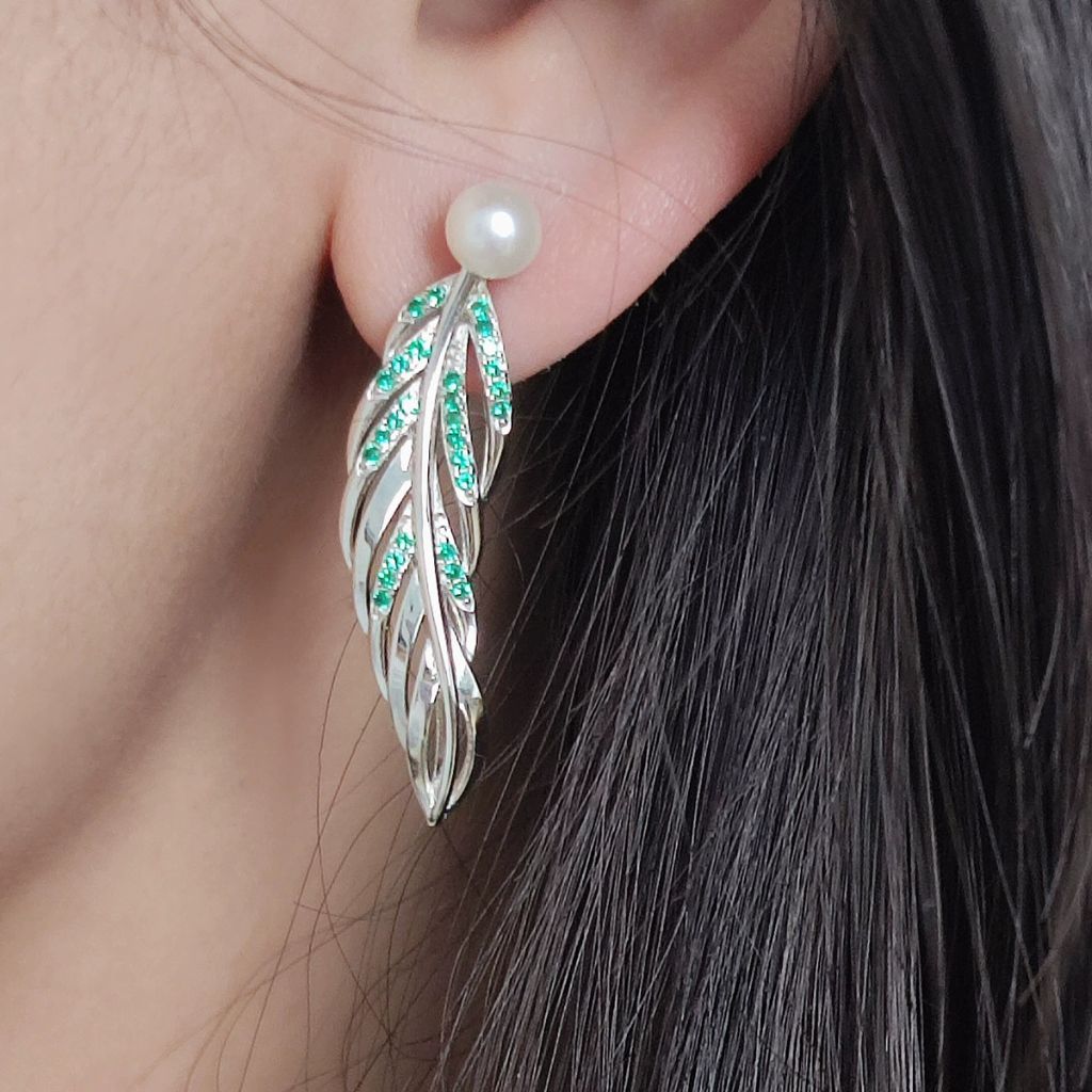 925 Sterling Silver Freshwater Pearl Long Leaf Earrings - Elegant New Jewelry