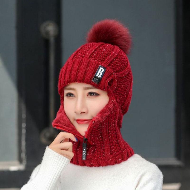 Women Windproof Winter Outdoor Knit Thick Siamese Hat Scarf Set