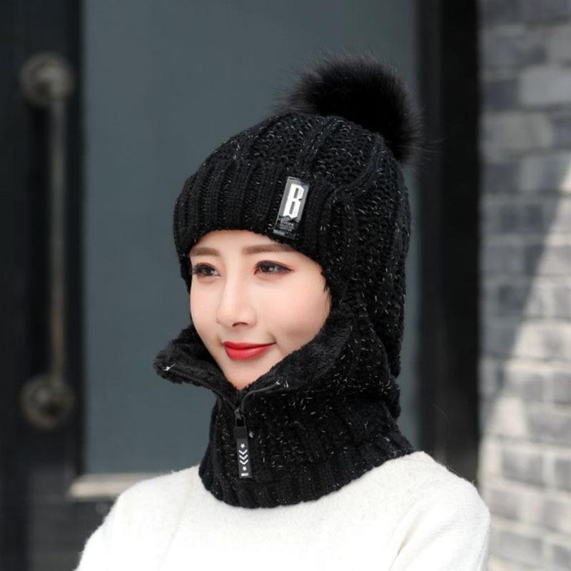 Women Windproof Winter Outdoor Knit Thick Siamese Hat Scarf Set