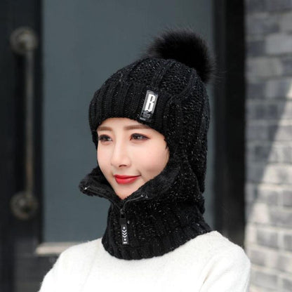 Women Windproof Winter Outdoor Knit Thick Siamese Hat Scarf Set