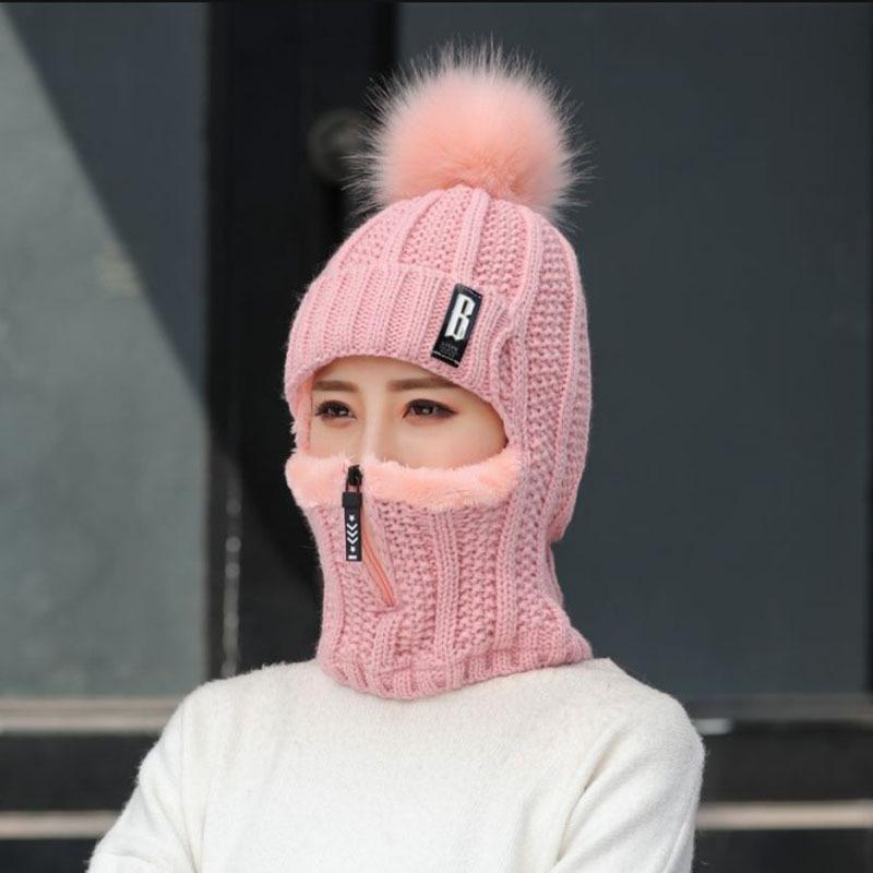 Women Windproof Winter Outdoor Knit Thick Siamese Hat Scarf Set