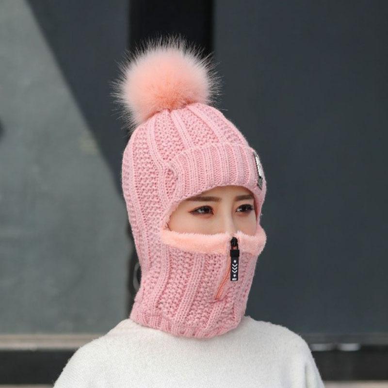 Women Windproof Winter Outdoor Knit Thick Siamese Hat Scarf Set