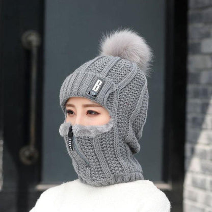 Women Windproof Winter Outdoor Knit Thick Siamese Hat Scarf Set